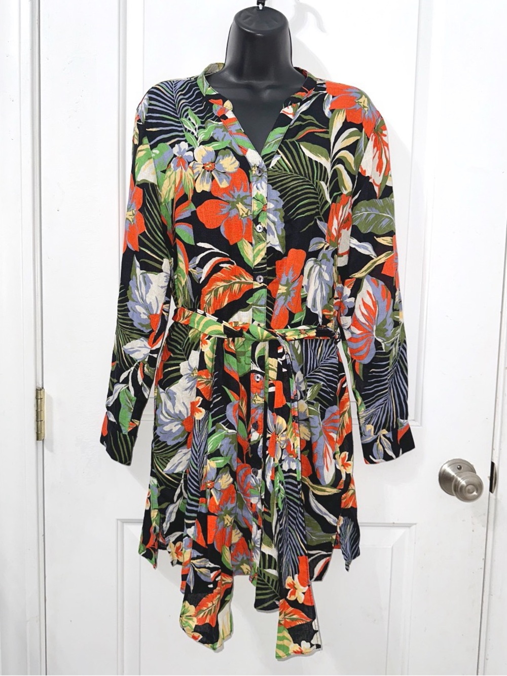 C&C California linen blend shirt dress featuring a vibrant tropical floral print